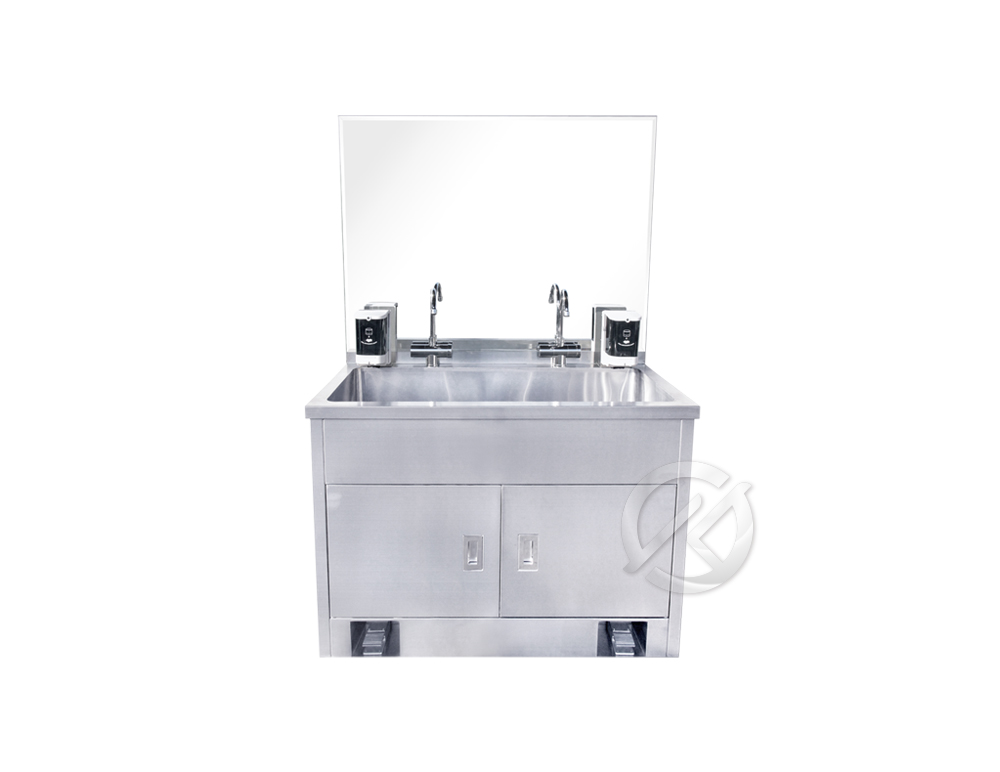 不鏽鋼單口雙人水槽鏡子櫥櫃式洗手台，適用於醫院、手術室、開刀房、醫美中心、無塵室、潔淨室、生產線、實驗室等場所-廣昇不鏽鋼設計